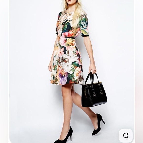 Ted Baker London Floral Fit Flare Dress Black Trim Multicolor Short Sleeve | 4 - Picture 1 of 7